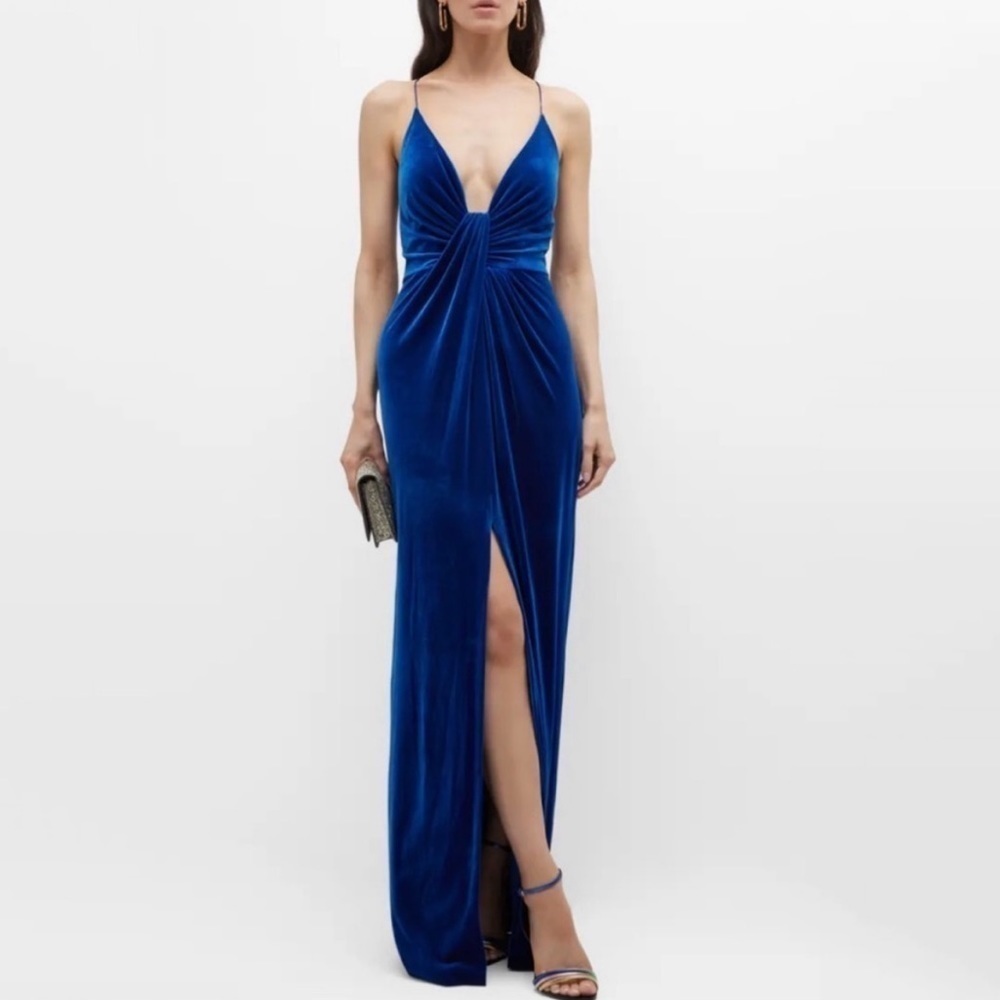 NWT Aidan Mattox Velvet Twist Front High Slit Maxi Gown in Blue